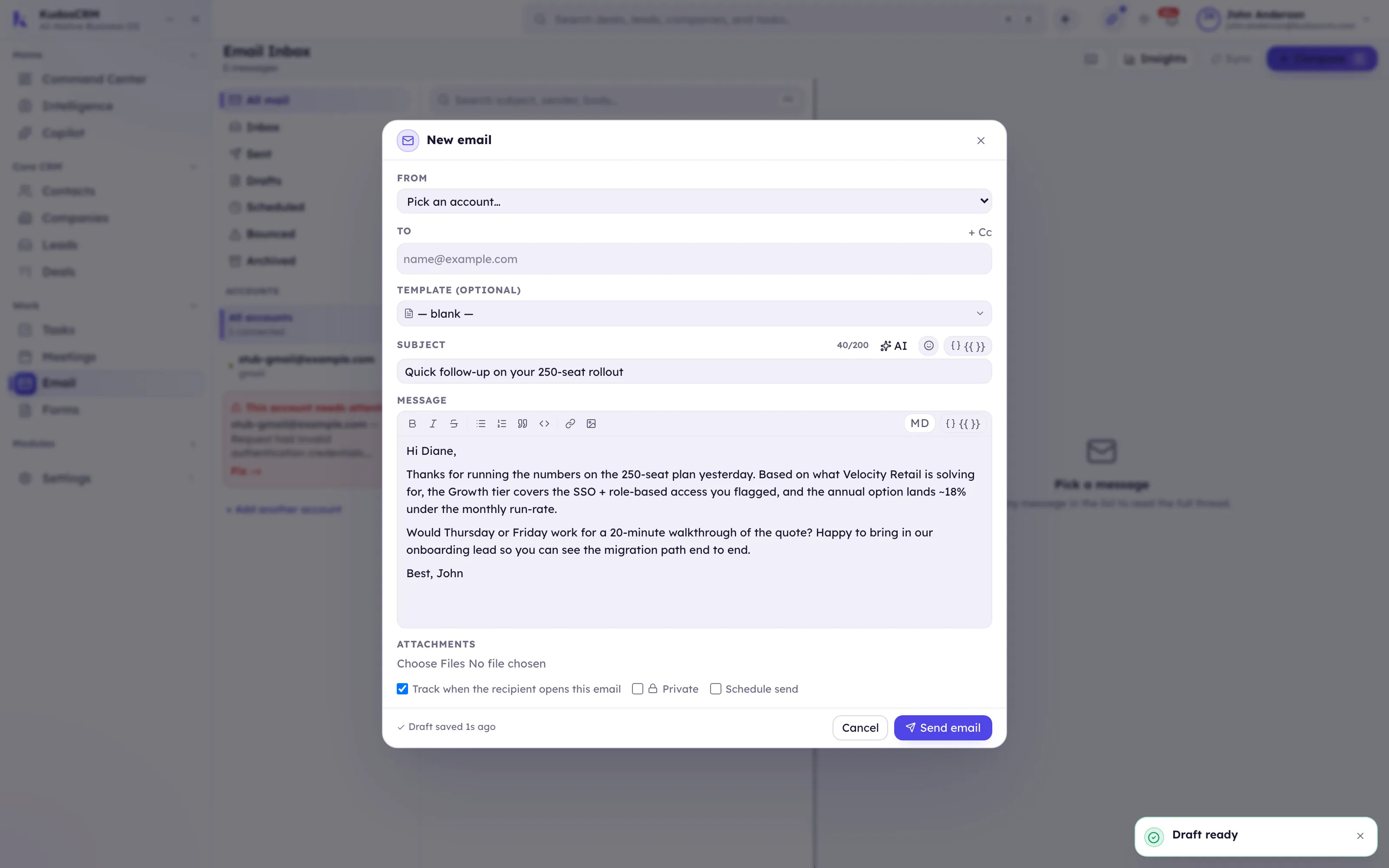 Kudos AI holding a drafted reply for review in the KudosCRM composer, labelled as AI