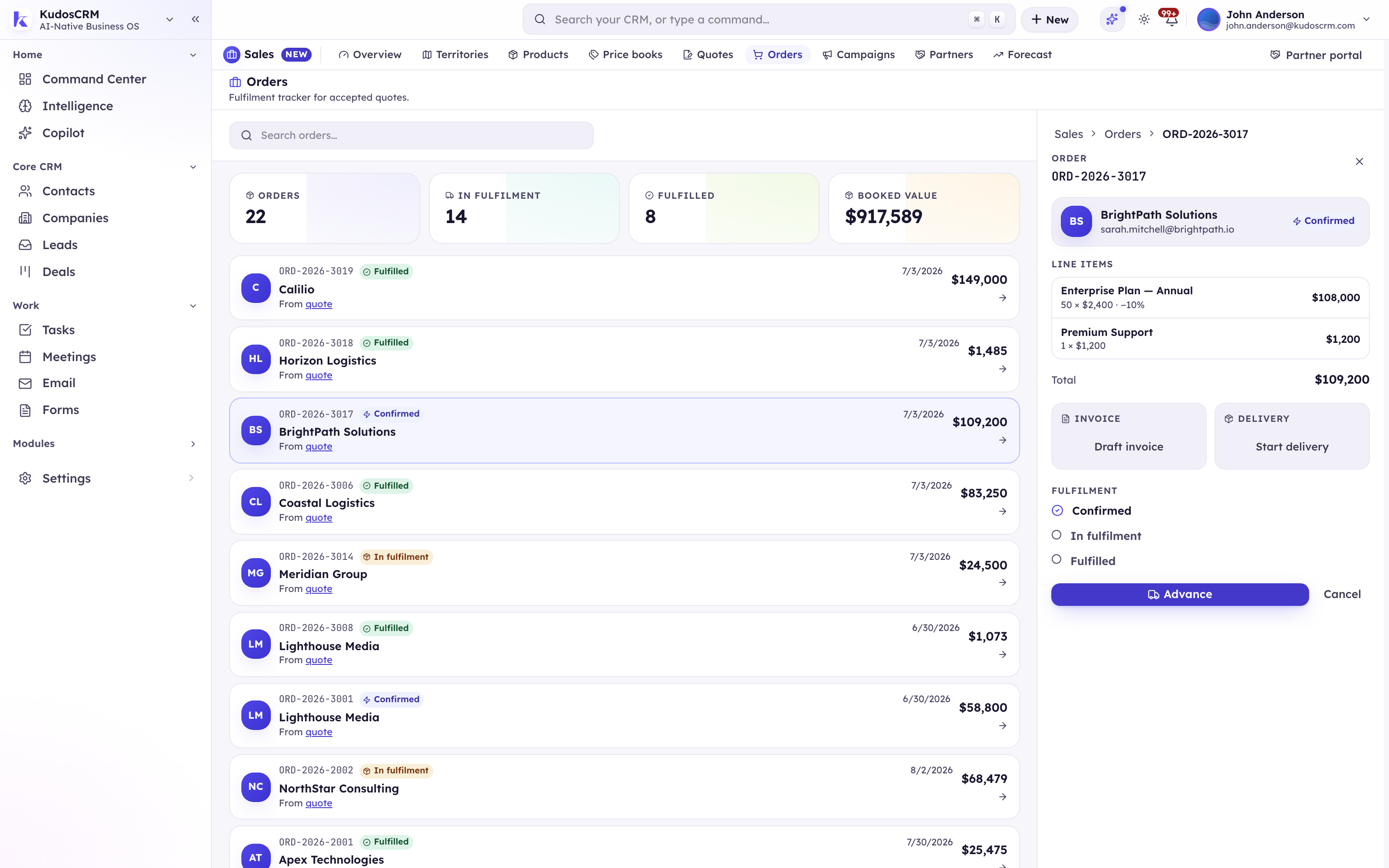 A confirmed KudosCRM order with its line items, total, and the one-step Draft invoice action