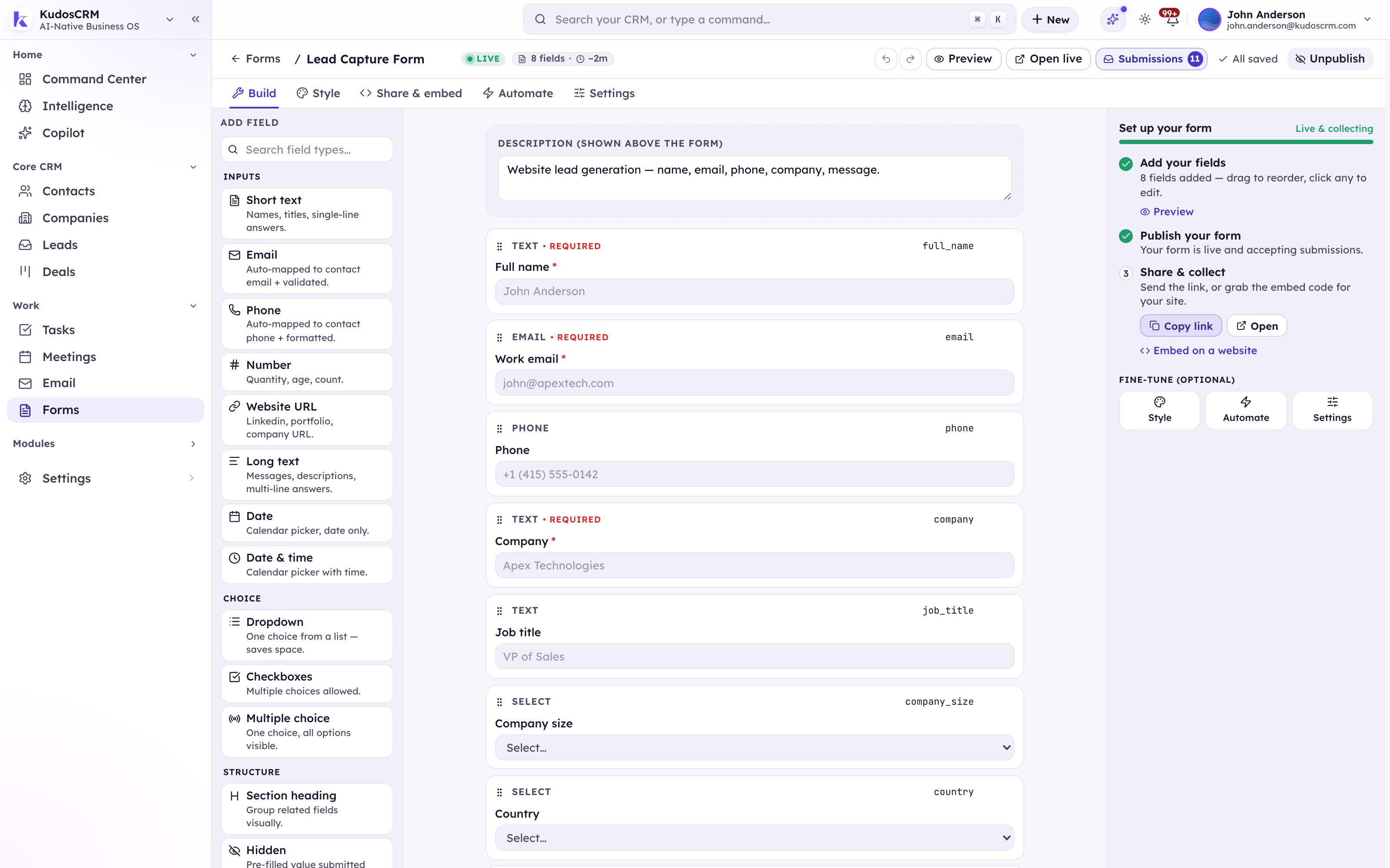 The KudosCRM lead capture form builder — the field palette on the left, the live form canvas with its CRM mapping keys in the middle, and the guided setup checklist on the right