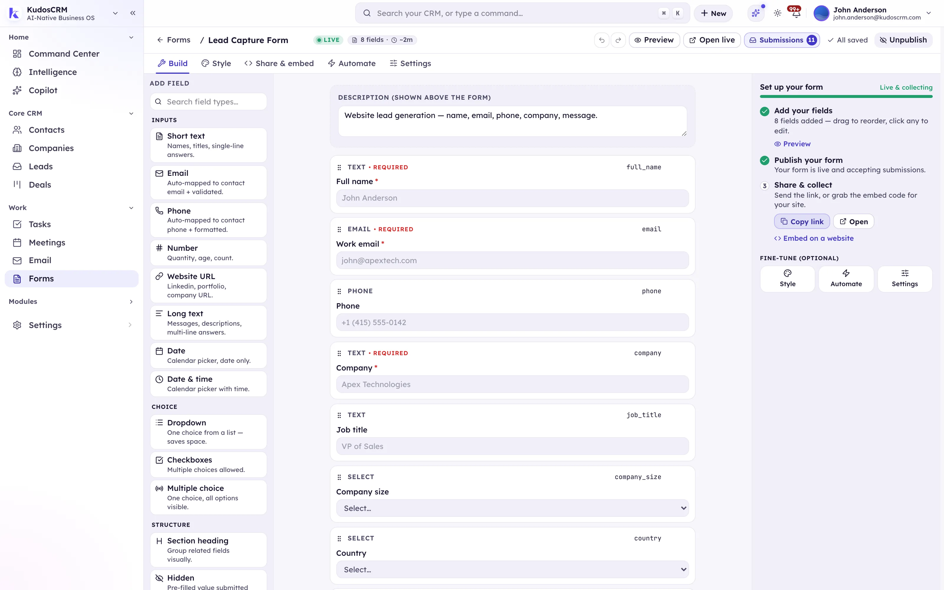 The KudosCRM drag-and-drop lead capture form builder