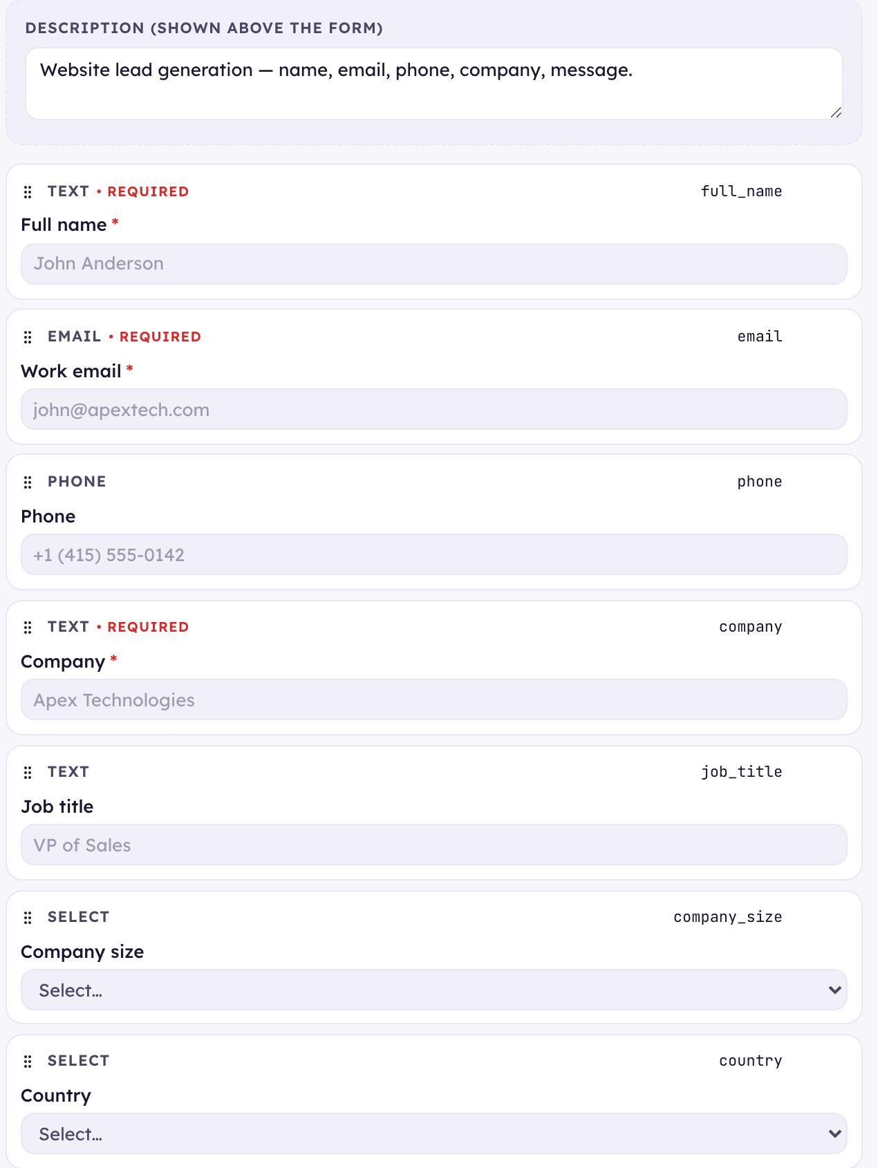 The KudosCRM form builder canvas, with each field card showing the CRM property it fills — full_name, email, phone, company, job_title, company_size and country