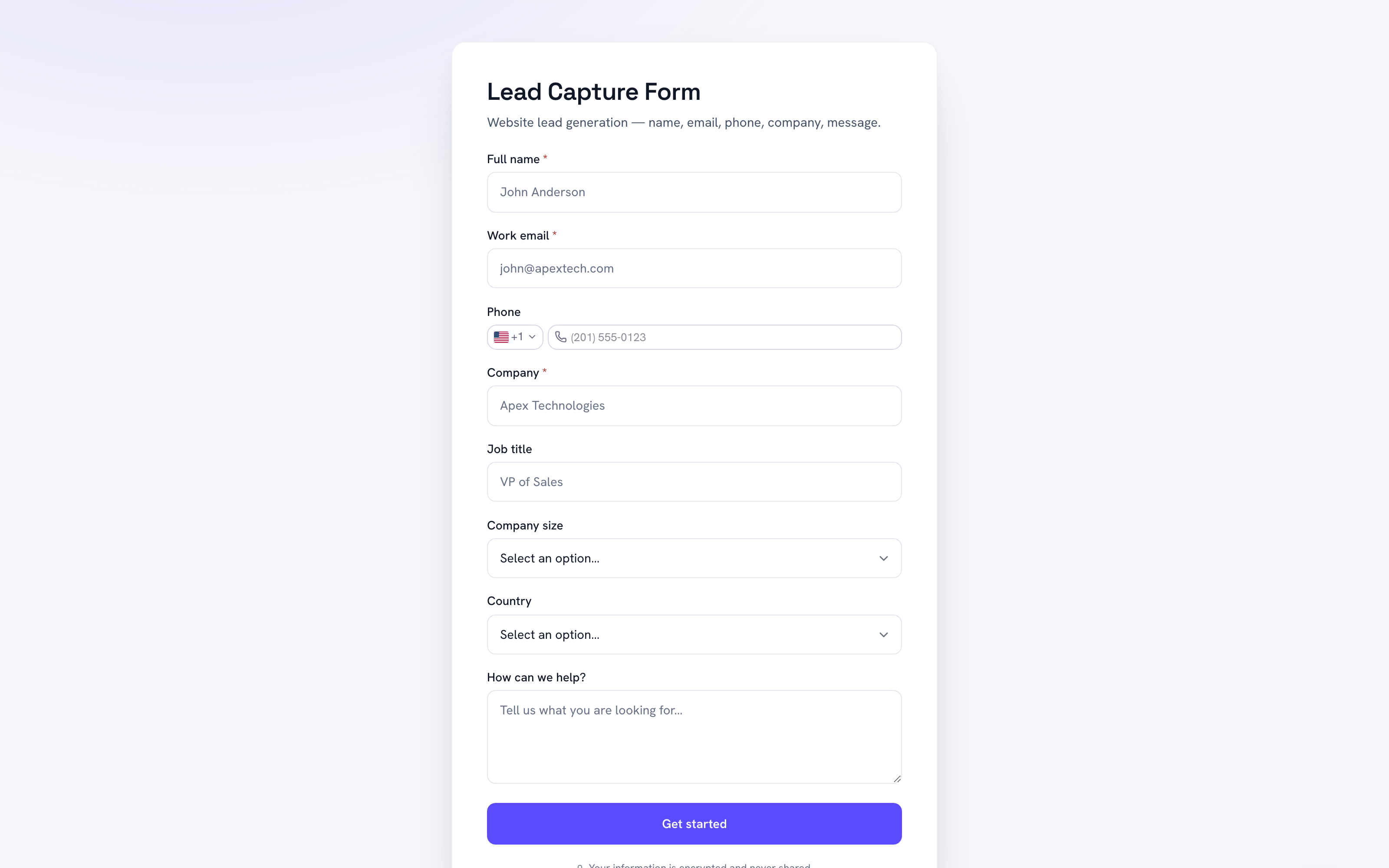 A published KudosCRM lead capture form on its hosted page, with a country-code-aware phone input and the privacy note beneath the submit button
