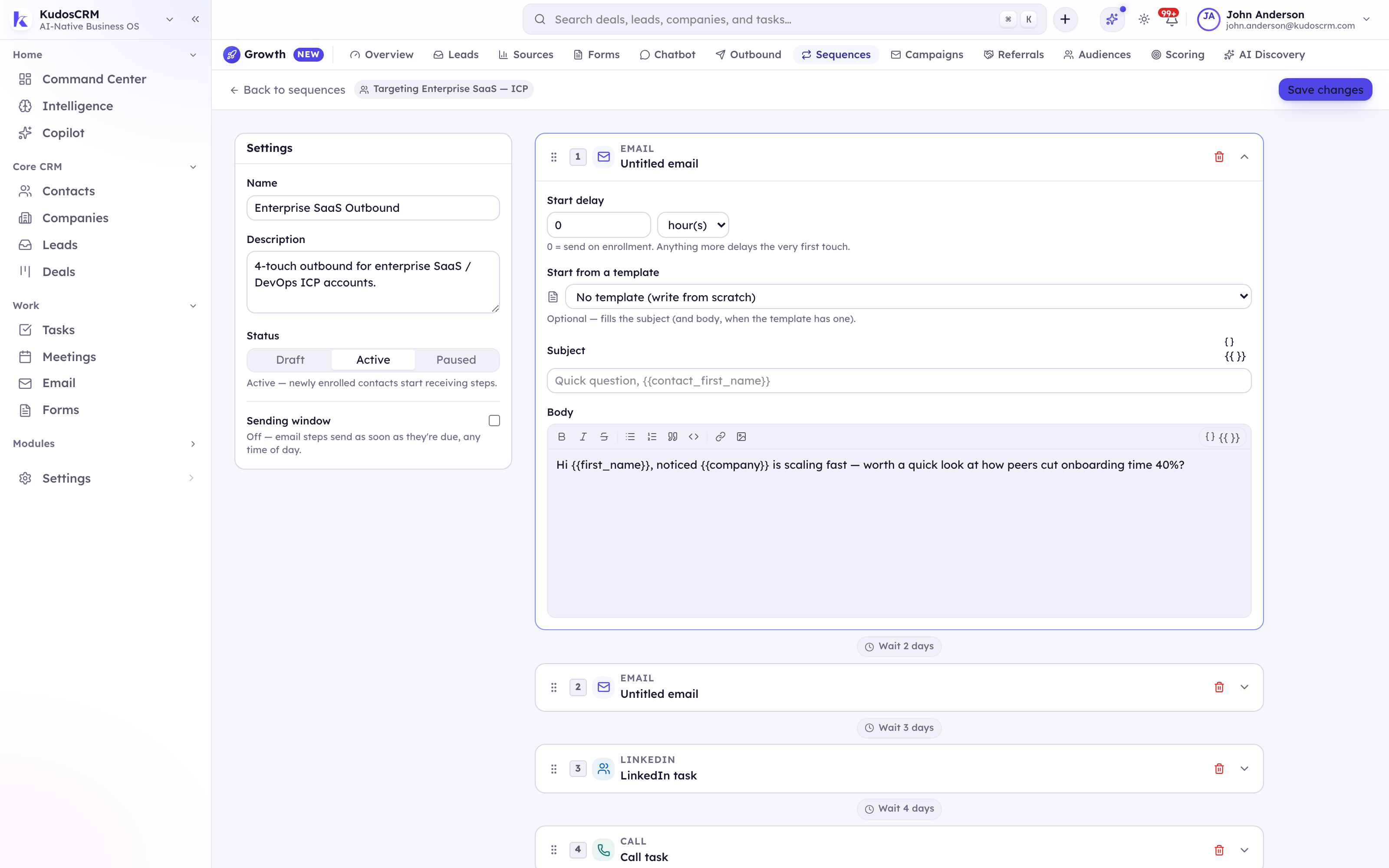 The KudosCRM sequence builder with a Draft, Active and Paused status switch, a sending-window toggle, an email step with start delay, template picker, subject and body, and further Email, LinkedIn task and Call task steps separated by wait times