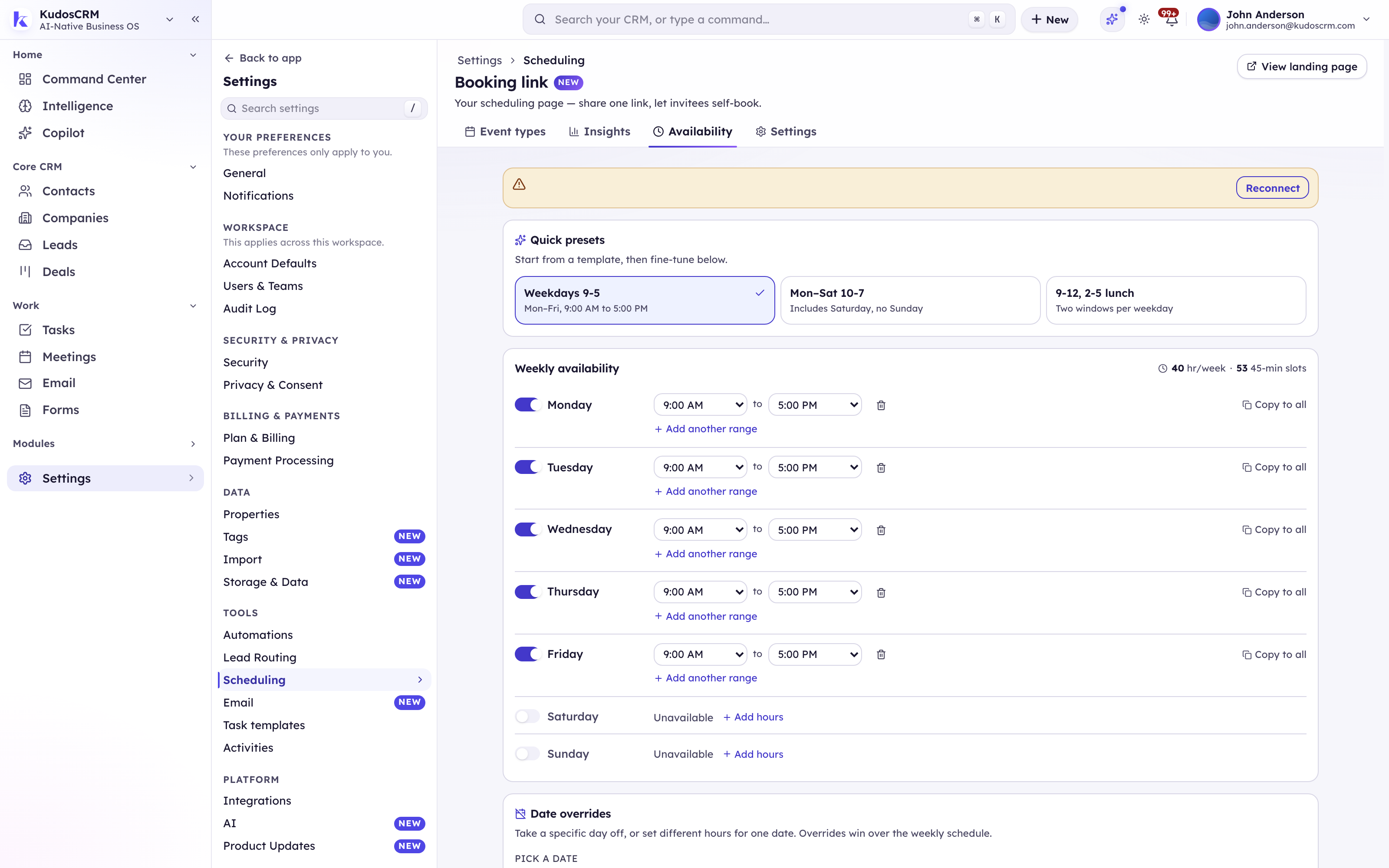 The KudosCRM availability editor — quick presets, a weekly schedule from Monday to Friday with 9:00 AM to 5:00 PM ranges, the hours-per-week and bookable-slot count, and date overrides