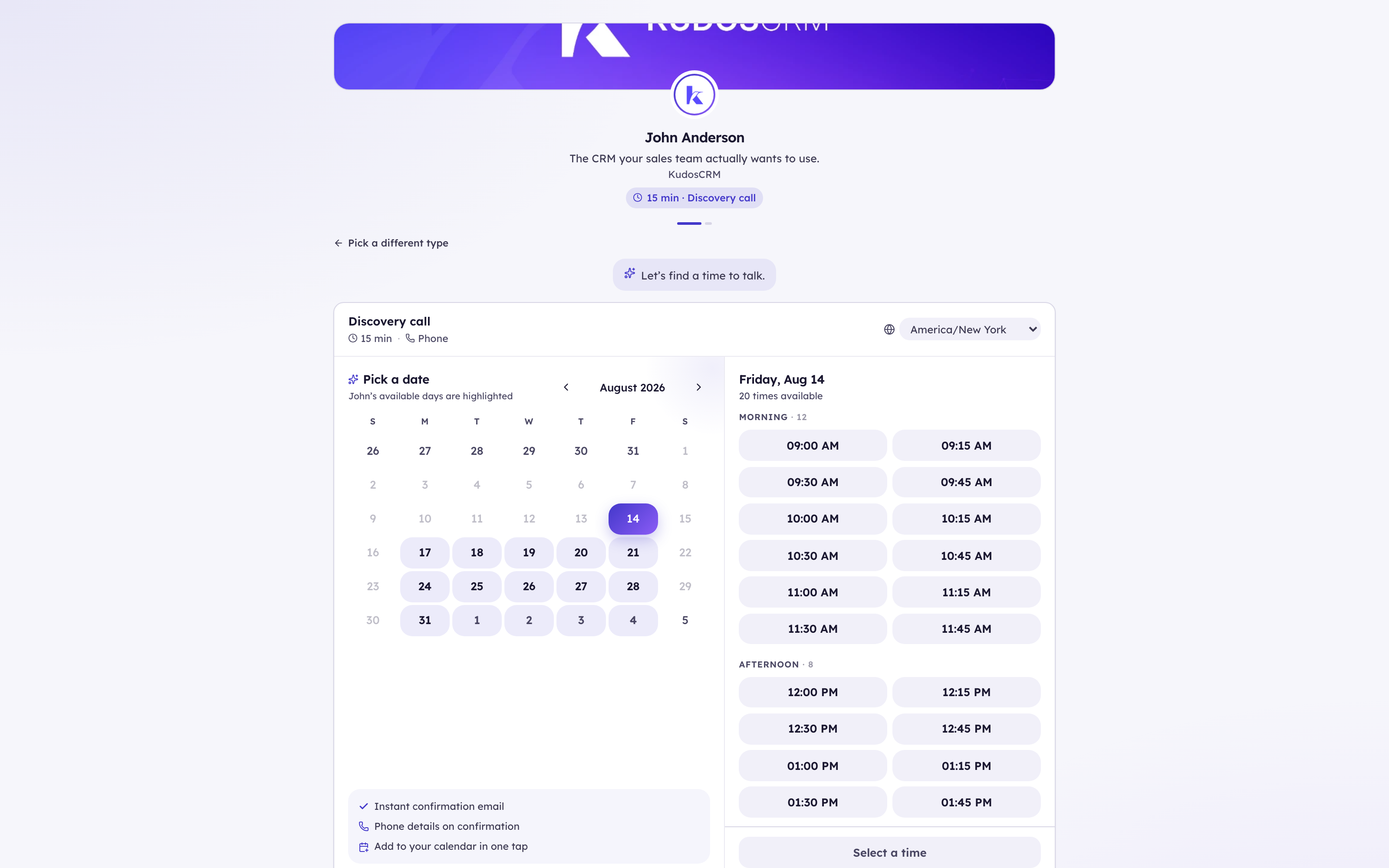The KudosCRM public booking page for a 15-minute discovery call — the host's branded header, a month calendar with available days highlighted, morning and afternoon time slots, and the invitee's own timezone selector