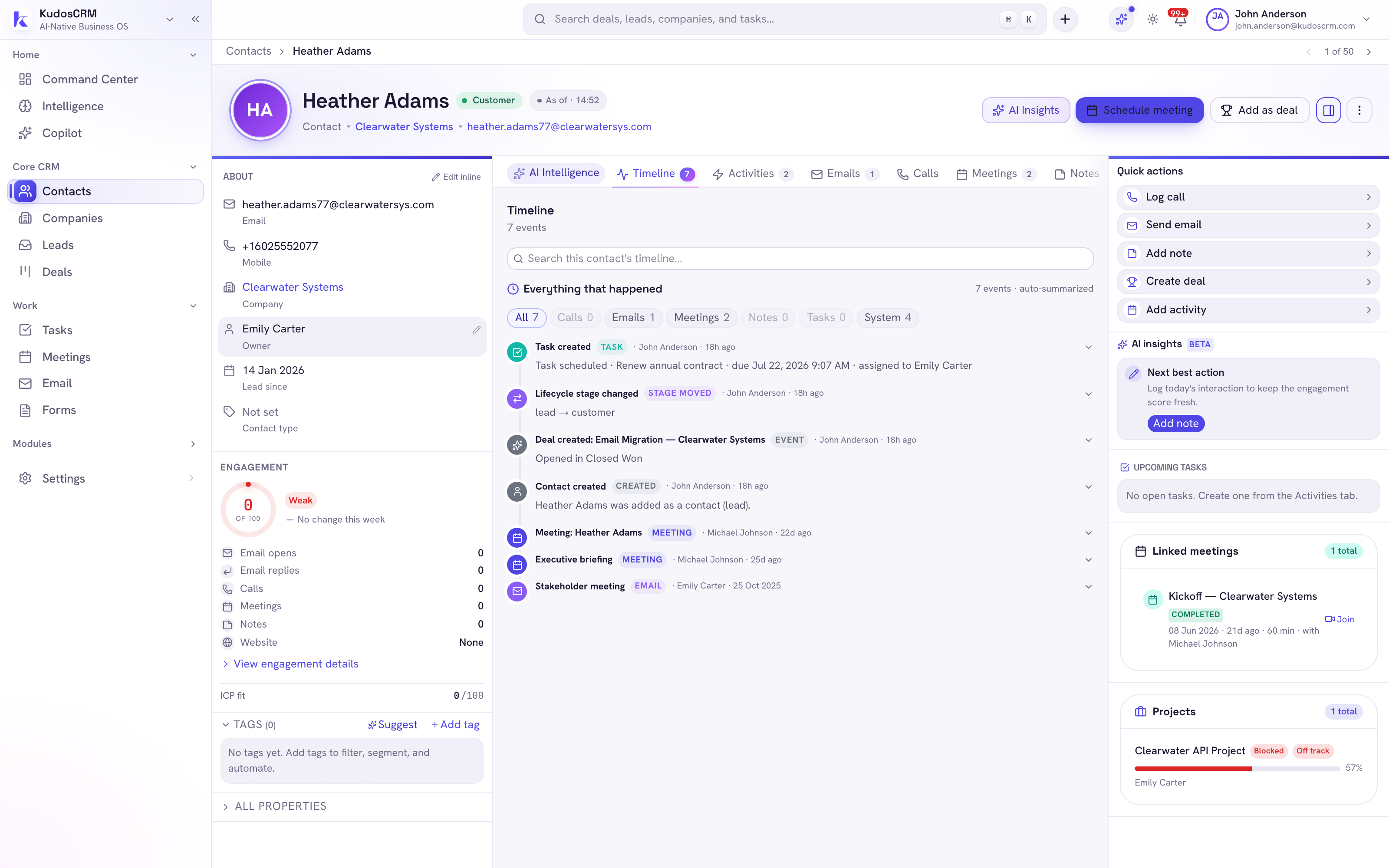 A KudosCRM customer record whose timeline carries the task created on it, next to the deal, the meetings and the emails