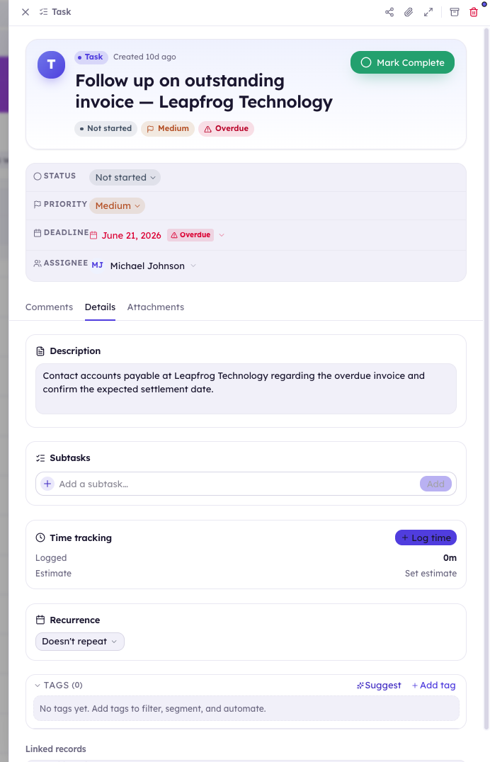 A KudosCRM task record with its Mark Complete button, status, priority, deadline and assignee fields, description, subtasks, time tracking with logged and estimated minutes, recurrence, tags and linked records