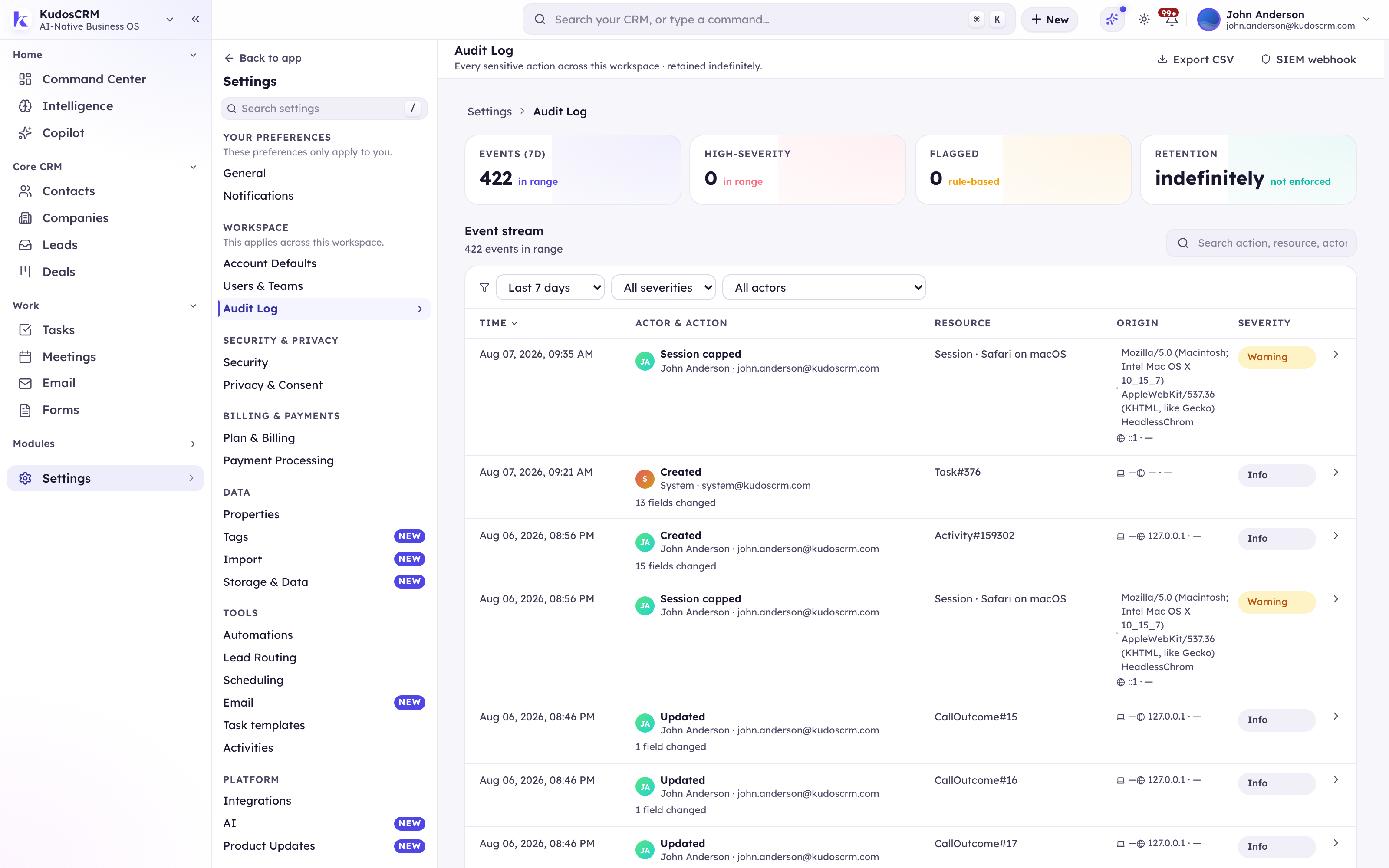 The KudosCRM Audit Log in Settings: event, high-severity, and flagged counters beside the honest retention tile, filters for range, severity, and actor with free-text search, and the event stream showing each action's actor, resource, origin IP and device, and severity, with CSV export and SIEM webhook buttons